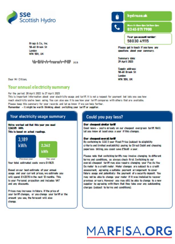 Realistic SSE Energy utility business bill, SCR example